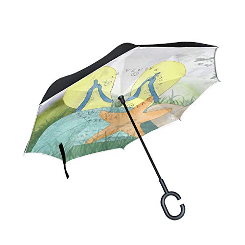 Mr.XZY Double Layer Inverted Straw Hat Slippers Starfish Grass Picnic Seaside Summer Feeling Umbrella,Reverse Umbrella Windproof Upside Down Straight Umbrella with C-Shaped Handle 201351