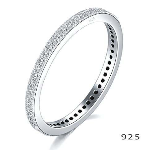 2MM 925 Sterling Silver Ring, Boruo Cubic Zirconia CZ Wedding Band Stackable Ring Size 9.5