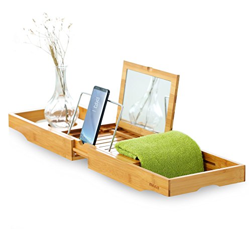 Mosa Natural Bamboo Bathtub Tray Bath Caddy Book Wine Glass Holder, 27.6" X 8.7" X 1.9", - Thumbnail 6