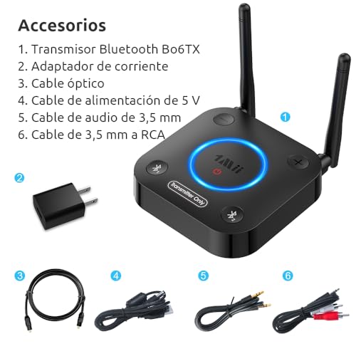 1Mii Transmisor Bluetooth 5.3 para TV a 2 Auriculares Bluetooth, Adaptador Audio Bluetooth TV con Control de Volumen, Entrada Óptica, Coaxial, Aux, RCA, aptx Baja Latencia, Largo Alcance