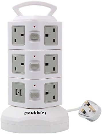 DoubleYI Extension Lead 11 Outlets 2 USB Socket Vertical Power Strip Surge Protector with Retractable 3m/9.8Ft Power Extension Cord