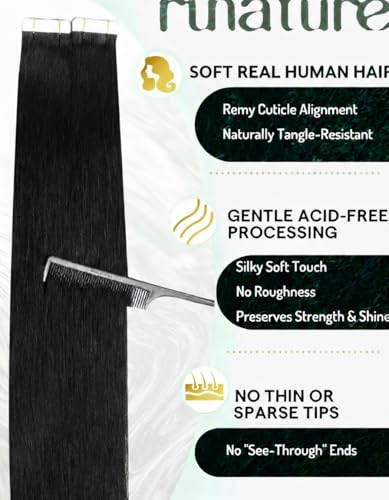 RUNATURE Black Adhesive Extensions Natural Hair Extensions Human Hair Black Adhesive Extensions Natural Hair Straight 30 Inches/75 cm 20pcs/50g #1