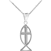 925 Sterling Silver Christian Cross Charm Ichthus Fish Pendant Necklace