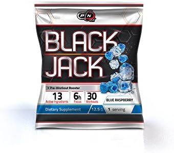 Pre Workout Powder Supplement Drink Black Jack Nitric Oxide Booster Niacin Creatine Men Women Vastly Improved Formula Enhances Muscle Pumps Energy Power Stamina (5 Packets 5 Servings, Blue Raspberry)