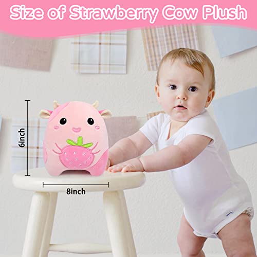 Strawberry Cow Plush Pillow Toy, 8” Kawaii Strawberry Cow Stuffed