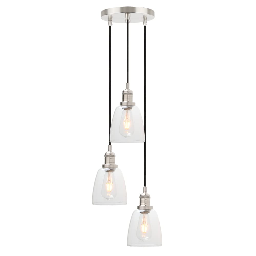 Phansthy Triple Industrial Pendant Lights with Clear Glass Shade, E27 Kitchen Light Fixture 3 Chandelier Flush Mount Ceiling Hanging Lamps for Living Room Kitchen Dining Room (Brushed)