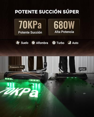 Aspirador sem fios P20 70kPa/680W/70 minutos, autossustentável com barra dobrável, limpa debaixo dos móveis sem se curvar, aspirador de escova anti-emaranhado para pelos de animais de estimação/chão/carpete