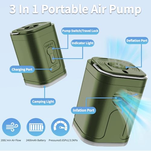 Electric Air Pump for Inflatables,Portable Rechargeable 2400mAh Quick-Fill Multifunction Inflatable Deflate Pump for Outdoor Camping, Paddling Pool Beach Toys,Vacuum Sorage Bags,Air Bed(Green)