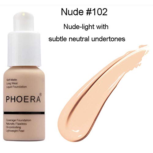 Foundation Makeup, PHOERA New 30ml Matte Oil Control Concealer Foundation Cream, Long Lasting Waterproof Matte Liquid Foundation (102 Nude)