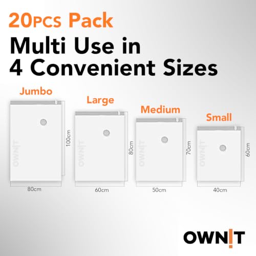 OWNIT® Vacuum Storage Bags with Electric Pump, 20 Pack Space Saver Bags with 6 Small, 6 Medium, 5 Large, 3 Jumbo, Reusable Vacuum Compression Bags for Packing Clothes, Blankets, Duvet, Pillows, Travel