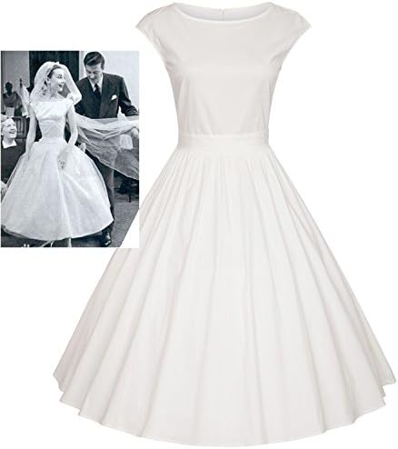 iSherman 1950s Vintage Cap Sleeve Tea Party Swing Dresses with Belt (XX-Large, White)