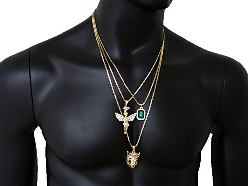 Micro Colorful Gemstone, Angle, Lion Pendant 24",30" Box Chain 3 Necklace Set Gold Tone RC1413G (Green)
