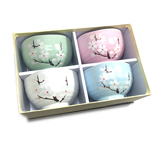 Oriental Asian Style Wave Shape Wintersweet Ceramic Bowl 4 Colors (4 Bowls, Pink, White, Blue, Green)