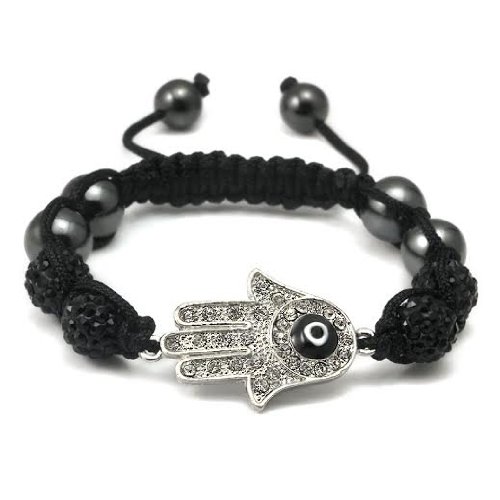 Silver Plated Hamsa Evil Eye Kabbalah Shamballa Hand of Fatima Bracelet in black cord for Men and Women