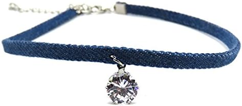 Sanwood Lady Girl Punk Stylish Zircon Pendant Jean Denim Short Necklace Choker (Dark Blue)