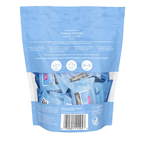 NEUTROGENA MAKEUP REMOVER WIPES, DAILY SINGLE FACE CLEANSING TOWELETTES, MAKEUP REMOVING CLEANSING WIPES REMOVES DIRT & OIL, ALCOHOL-FREE FACE TOWELETTES, 20 CT