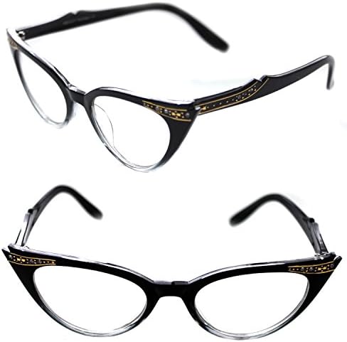 WOMEN'S CAT EYE SMALL RETRO GRADIENT FRAME CLEAR LENS GLASSES WITH GOLD RHINESTONES