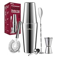 Cocktail Shaker, Martini Shaker, Drink Shaker, Cocktail Shaker Set 6 Piece, Boston Shaker, Bar Set, Cocktail Strainer, Bar tools, Bartender Kit, Stainless Steel Double Measuring Jigger, Mixing Spoon