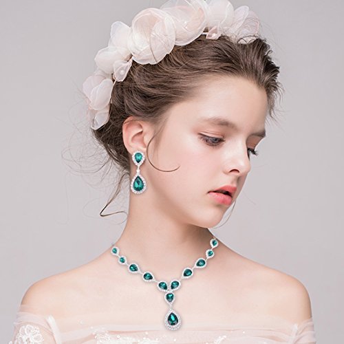 Paxuan Womens Silver Plated Teardrop Green Crystal Wedding Bridal Jewelry Set Teardrop Pendant Necklace Drop Dangle Earrings Set