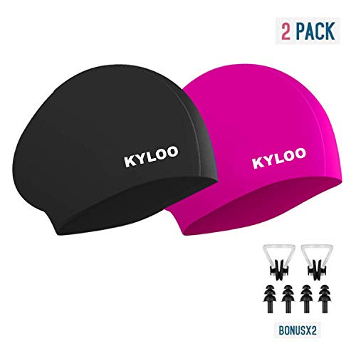 Long Hair Swim Cap 2 Pack, 3D Ergonomic Design Silicone Swimming Cap for Women and Men with Ear Plug and Nose Clip, 2019 Thicker Design (Black+Pink) - Thumbnail 7