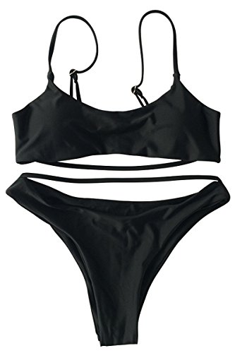 ESONLAR Women Spaghetti Strap Crop Top High Cut Thong Brazilian 2PCS Bikini Bathing Suit Black S - Thumbnail 3