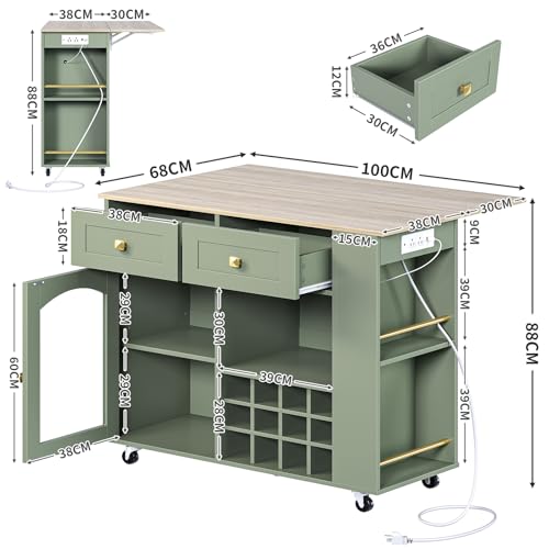 SIMPLE ESPACIO Isla de Cocina,Isla Cocina Está Equipada con una Mesa Plegable,Enchufes y Tiras de Luces,un Botellero y un Estante para Condimentos,Armarios y Cajones,Asas y Ruedas(Blanco-Verde)