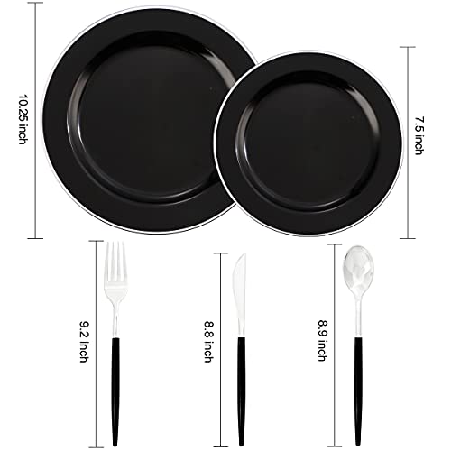 WELLIFE 24 Guests Disposable Black Plastic Plates with Silver Rim