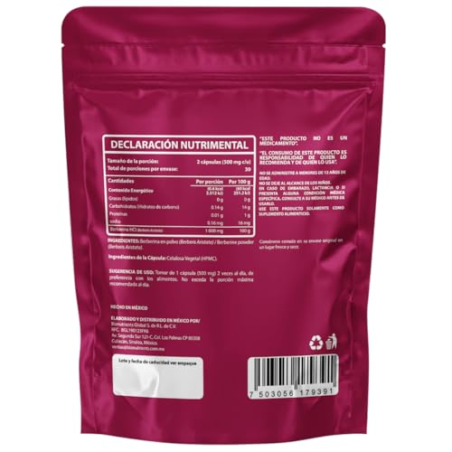 Wellthy Berberina Pura 60 Cápsulas. 100% Berberis Aristata, 500mg c/u, 30 dias de consumo, VCaps Cápsulas Veganas, Bottle Free.