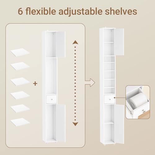 SoBuy Slim Bathroom Storage Cabinet, Narrow Storage Cabinet, Tall Slim Cabinet with Adjustable Shelves, Floor Standing Cupboard for Small Spaces, Bathroom or Laundry Room Organizer, White BZR34-W