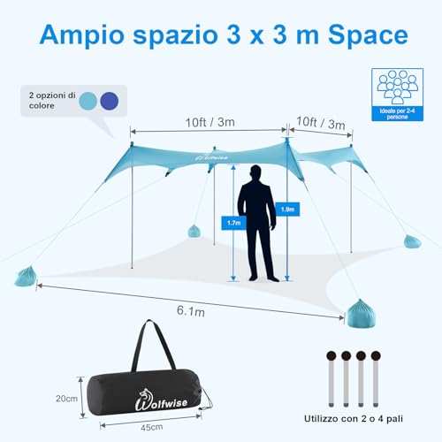 WolfWise UPF50+ Beach Tent with Sun Protection 3 x 3 m Beach Tent with Sand Anchor