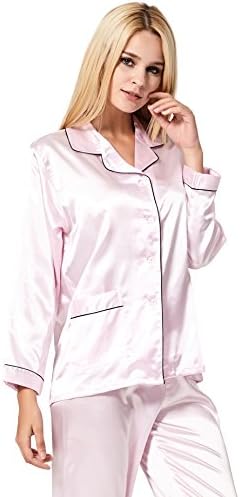 VlSl Womens Silk Satin Pajamas Set Sleepwear Loungewear Two-Piece Long Sleeve Pajama Set (Small, Light Pink)