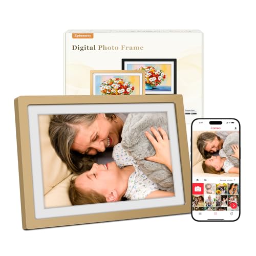Frameo Digital Picture Frame WiFi Sunset Gold Frame 10.1 Inch Picture Frame with 1280x800 HD IPS Touchscreen, Built-in 32GB, Send Photo Video via Frameo App/USB/SD, Gifts for Women Men