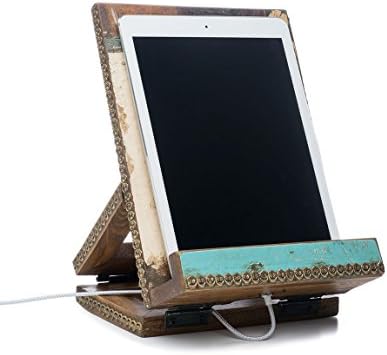 Handmade Solid Wood Cookbook &amp; Tablet Stand Dock - Patina Finished Adjustable Reading Rest Holder/Cookbook Stand/Foldable Tablet Display Dock/Desk Bookrest with Charging Cable Routing