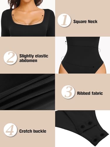 OVERFLAIR 2 PIECE LONG SLEEVE BODYSUIT SHAPEWEAR FOR WOMEN – RIBBED SQUARE NECK LIGHT TUMMY CONTROL BODY SHAPER TOP BODY SUITS – BLACK/BEIGE XL