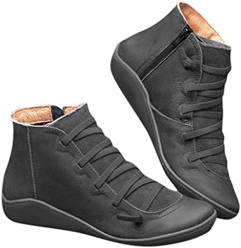 2019 Women's New Arch Support Boots,Ladies Casual Booties,Leather Retro Lace-up Boots Side Zipper Round Toe Shoe Boots (5.5, Black)