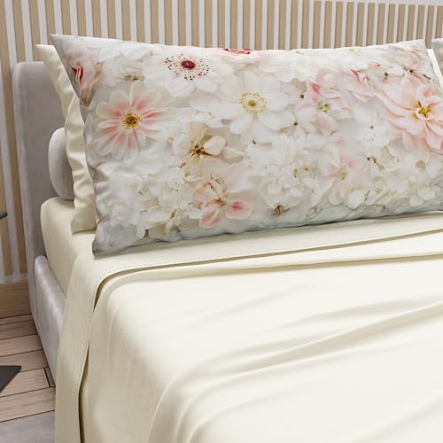 Petti Artigiani Italiani - Sábanas de algodón con Fundas de Almohada de impresión Digital, sábanas Cama Individual, Juego de Cama Individual, diseño Floral 21 Color Crema, 100% Made in Italy