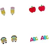 Pingyongchang 4 Pairs Cute Teacher Glitter Acrylic Stud Earrings Funny Handmade Pencil Apple Bus ABC Graduation Earrings for Women Teacher Appreciation Gift