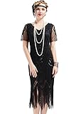BABEYOND 1920s Art Deco Fringed Sequin Dress Roaring 20s Flapper Fancy Dress Gatsby Costume Dress Vintage Beaded Evening Dress (Black, Small)