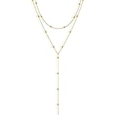 Gold Plated Long Necklace for Women, Layered Y-Shape Lariat Drop Pendant Chain with Beaded Accents, Adjustable Dainty Simple Trendy Jewelry Gift 