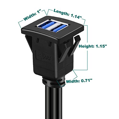 BATIGE Dual Ports Square USB 3.0 Panel Flush Mount Extension Cable with Buckle for Car Truck Boat Motorcycle Dashboard 3ft