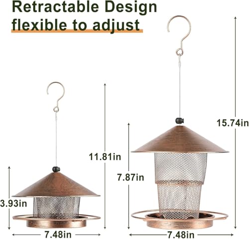 Bird Feeders for Outdoors Hanging, 2lb Large Seed Capacity Metal Feeder for Garden Patio, Mesh Tube Iron Outdoor Hanging Feeding Attract Various Birds, Including Finches and Sparrows(Brown)