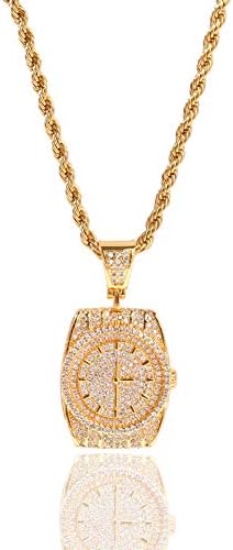 Junmei Men Hip Hop Twist Chain CZ Crystal Bling Bling Fully Iced-Out Dial Watch Pendant Necklace
