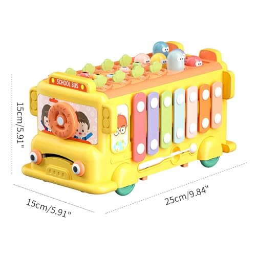 AM ANNA 12-in-1 Montessori Toy for 1-3 Year Old Baby Boys Girls - Hammering Pounding Harvest School Bus With Gears, Teaching Clock, Fishing Game and Color Matching - Gift for Kids