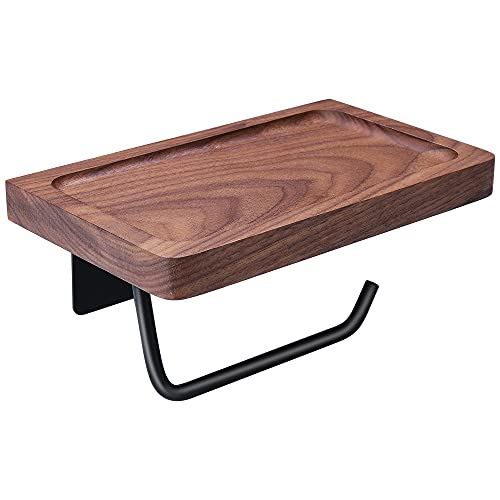 Toilet Paper Holder with Black Walnut Wooden Shelf for Bathroom, Wall