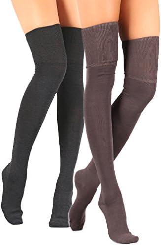 Essential Women' s Girls Over the Knee High Socks Thigh High Socks (BROWN/GREY)
