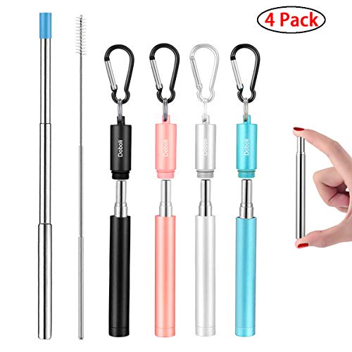 Reusable Metal Straws Collapsible Stainless Steel Drinking Straw Portable Telescopic Straw with Case Black Silver Rose Gold Light Blue 4 Pack