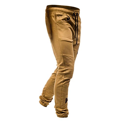 DEATU Joggers Pants Men's Classic Drawstring Zipper Pockets Sport Sweat Pants (M, Khaki)