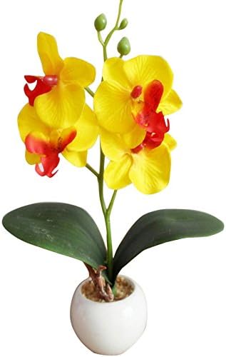 Artificial Flowers With Vase, RIUDA Four Butterfly Orchid Meaty Plant Bonsai Creative Flower Arranging Accessories (Yellow)