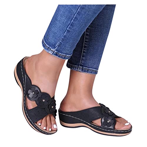 BFAFEN Sandals for Women Dressy Summer Orthotic Arch Support Flip Flops Faux Leather Slippers Wedge Heel Open Toe Sandals