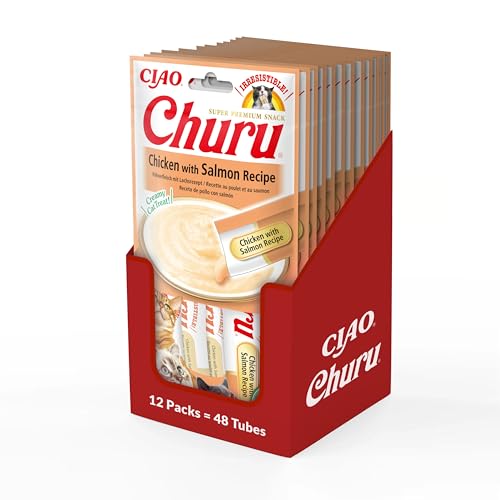Ciao Churu Sticks by INABA Cat Treat - Chicken with Salmon Recipe Flavour (48 x 14g) / Soft & Creamy Treat, Delicious & Healthy Snack, Puree Food Topper, Pill Assist, Natural, Grain Free, Wet Cat Food